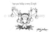 The Merry Chrismoose Cuddlebug red rubber stamp shown as black line art: a moose in a plaid hat with ornament-strung antlers and 'merry & bright' sentiment, by Tierra Jackson.