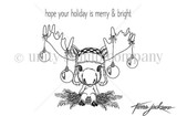 The Merry Chrismoose Cuddlebug red rubber stamp shown as black line art: a moose in a plaid hat with ornament-strung antlers and 'merry & bright' sentiment, by Tierra Jackson.