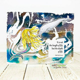 Card with the marbled Spilled Paint background behind a mermaid and dolphin and a life quote.