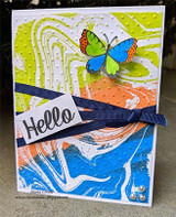 Card with the marbled Spilled Paint background, a butterfly and a 'Hello' banner.