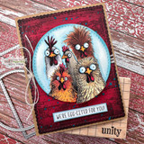 Card with the barn wall behind a flock of goofy chickens: 'We're egg-cited for you!'