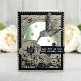 Silver moon and hummingbird card over soft brick texture. Best birthday ever.