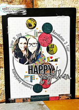 Scrapbook page with photo circle over brick texture — happy together