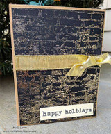 Black and gold brick card with sheer gold ribbon — happy holidays