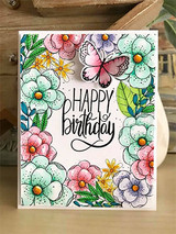 Card with the floral border in pastel pinks and greens with a butterfly and a 'Happy birthday' greeting.