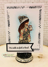 Card with the winter girl colored in a plaid coat and knit hat and 'You make me feel so loved.'