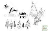 Tree with Love red rubber stamp set from Unity Stamp Co, sketchy black line art of a bunny in boots and a scarf carrying a fir tree over its shoulder, a row of five different pine trees, and the hand lettered words 'to:', 'from:' and 'with love'.