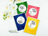 Four cards on green, red, navy and yellow marbled panels, each with a woodland animal in a circle and "Holy night."