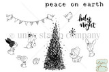 Line-art stamp of a tall pine tree with a bird banner and woodland animals, a fox, bunnies, a hedgehog and a hatted dog, with sentiments "Peace on earth" and "Holy night."