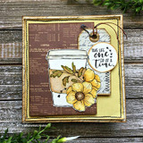Floral travel mug on a coffee-print layered card, 'take life one sip at a time'.