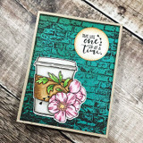 Floral travel mug on a teal brick-pattern card, 'take life one sip at a time'.