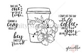 Line-art stamp sheet: floral travel mug with 'take life one sip at a time / sending a cozy hello / hey sweet friend'.