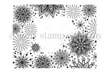 A red rubber background stamp of bursting snowflake medallions covering an A2 card.