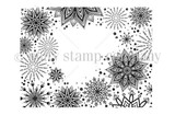 A red rubber background stamp of bursting snowflake medallions covering an A2 card.