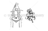 Red rubber stamp image of the witch girl with spider necklace plus 'get your spooky on' script