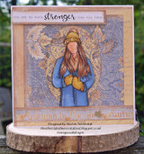 Autumn card with the girl in blue on a leaf-print background, 'you are so much stronger than you think.'