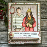 Card with a man and the girl in cozy knits, 'Wishing you warmth and coziness all winter long.'