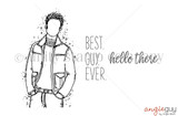 Line-art stamp sheet: Angie Blom's Zeke AngieGuy with 'BEST. GUY. EVER.' and 'hello there' red rubber stamps, Unity Stamp Co.