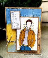 Angie Blom's Zeke AngieGuy in a jacket with 'Best. Guy. Ever' and 'hello there,' a red rubber masculine stamp shown on a handmade card.