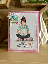 Pink butterfly card of a girl cross-legged with laptop, 'ALWAYS Be Creative'