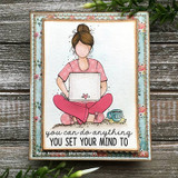 Floral-framed card of the laptop girl in pink, 'you can do anything you set your mind to'