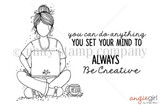Red rubber stamp art of Angie Blom's angiegirl working cross-legged at her laptop with coffee, 'Always Be Creative'