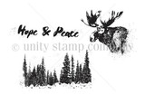 Line-art stamps of a moose and a line of northwoods pines with 'Hope & Peace' script.