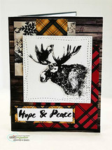 Plaid card of the moose head in a stitched frame, 'Hope & Peace.'