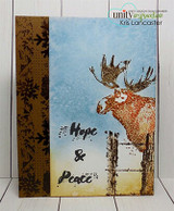 Card of the moose by a fence post with pines, 'Hope & Peace.'