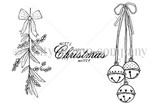 A red rubber stamp set of hanging jingle bells and a holly sprig with Christmas sentiments.