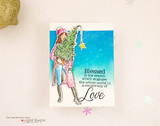 Blue sky card with Ember Girl colored in soft pastels and a 'Love' sentiment on a white panel.