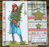 Plaid card with Ember Girl in a teal coat and red hat, a gold star and 'wishing you the happiest of holidays'.