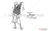 Red rubber stamp sheet: a girl in a beanie and boots carrying a large Christmas tree, with the 'May the joys of the season be yours' sentiment.