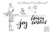 Black-and-white sketch-style stamp of a tall girl in a winter hat and boots reaching toward a bird, with 'joy' and 'Warm Wishes' sentiments and scattered snowflakes.