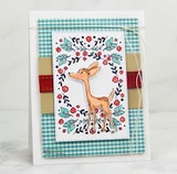 Teal gingham card with a kraft panel and red ribbon, a fawn coloured in tan inside the folk floral frame stamped in red and green.