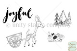 The Deer Cart stamp sheet: a sketchy deer pulling a small wooden cart, a group of pine trees, a trio of bunnies, and the brush lettered sentiment 'joyful'.
