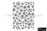 Red rubber background stamp densely covered with hand-drawn snowflakes in many sizes and styles, filling the whole A2 panel.