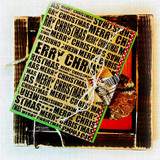 Card of the repeated 'Merry Christmas' text stamped in brown, mounted in a rustic wood tray.