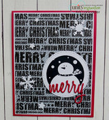 Silver-toned card with the 'Merry Christmas' word background behind a snowman circle stamped 'merry.'