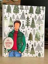 Card with the tree pattern in greens and a stamped guy in a green coat, 'oh Christmas tree.'