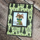 Card with the tree pattern in green with a framed fox in a scarf.