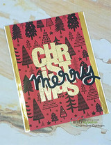 Card with the tree pattern in deep red and a bold 'Merry Christmas.'