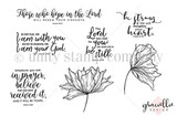 I Am With You red rubber stamp sheet by Graciellie Design: sketchy flowers with scripture including 'Those who hope in the Lord will renew their strength' and 'be strong.'