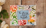 Abstract vellum card with colorful sketchy blooms and 'be strong & He will strengthen your heart.'