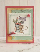 Handmade card featuring a sketchy-style mouse with a Special Delivery flag and a bucket of blooms, with the sentiment "Tomorrow is a new day."