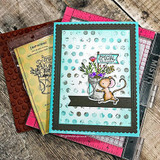 A card project showing a sketchy-style mouse with a Special Delivery flag and a bucket of blooms, paired with the greeting "Sending love and joy."