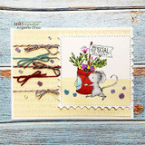 Handmade card featuring a sketchy-style mouse with a Special Delivery flag and a bucket of blooms, with the sentiment "Sending love and joy."