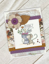 A sketchy-style mouse with a Special Delivery flag and a bucket of blooms stamped in red rubber and colored on a handmade card reading "Tomorrow is a new day."