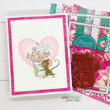 Handmade card featuring a sketchy-style mouse with a Special Delivery flag and a bucket of blooms, with the sentiment "Special delivery."