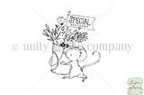 Itty bitty line-art red rubber stamp 'Special Delivery Mouse' showing a sketchy-style mouse holding a Special Delivery flag and a bucket of flowers, by Lisa Glanz.